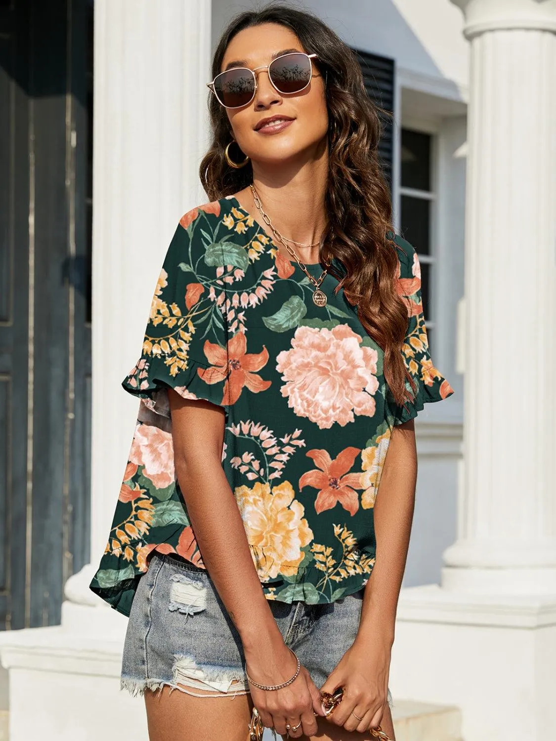 Floral Ruffled Short Sleeve Blouse