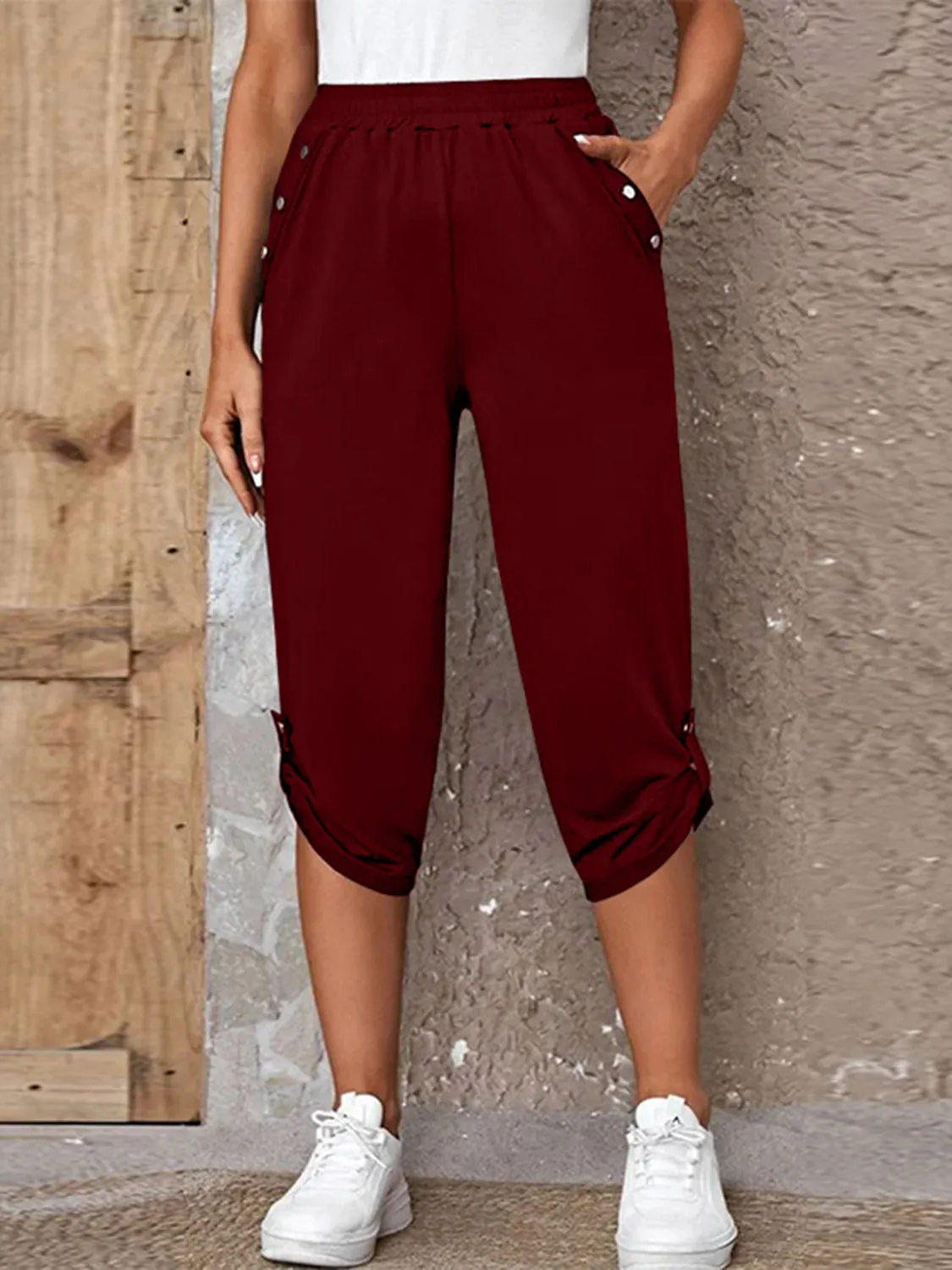 Full Size Roll-Tab Capris Pants