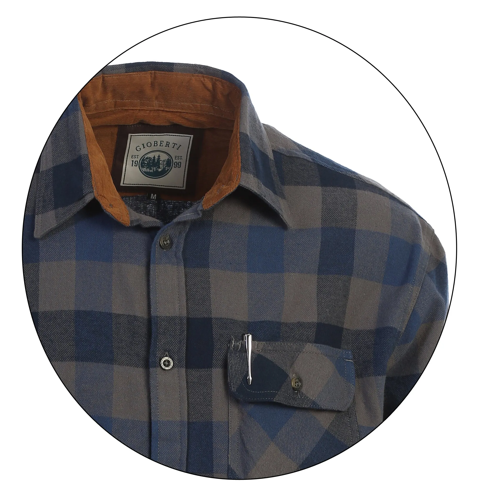 Gioberti Men's Dark Blue / Gray 100% Cotton Brushed Flannel Plaid Checkered Shirt with Corduroy Contrast