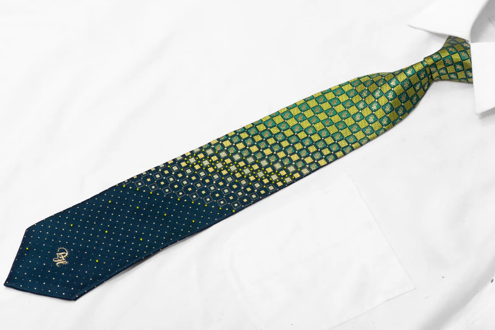 Green Teal Checkered Rhinestone Silk Necktie With Gold Sparkles