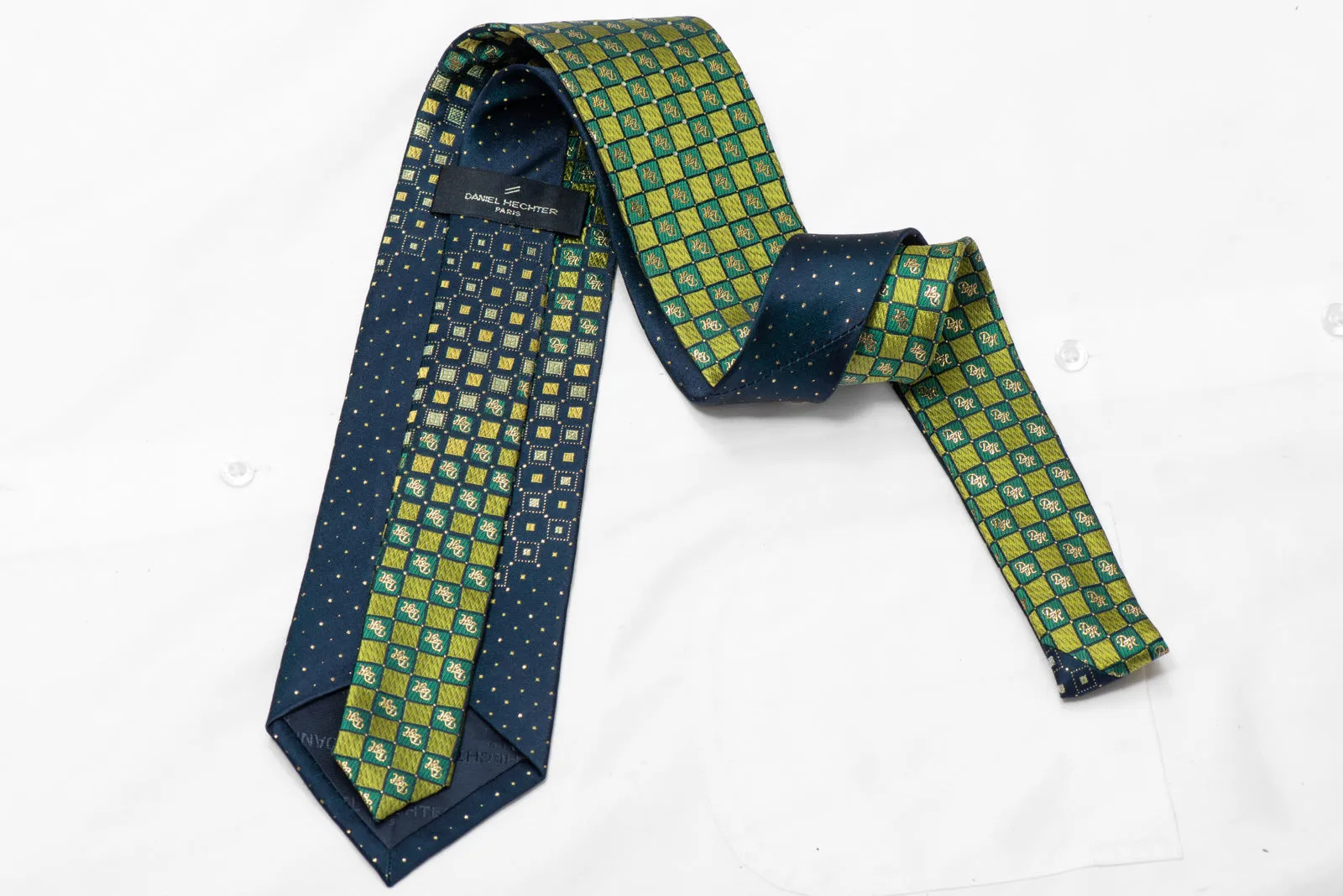 Green Teal Checkered Rhinestone Silk Necktie With Gold Sparkles