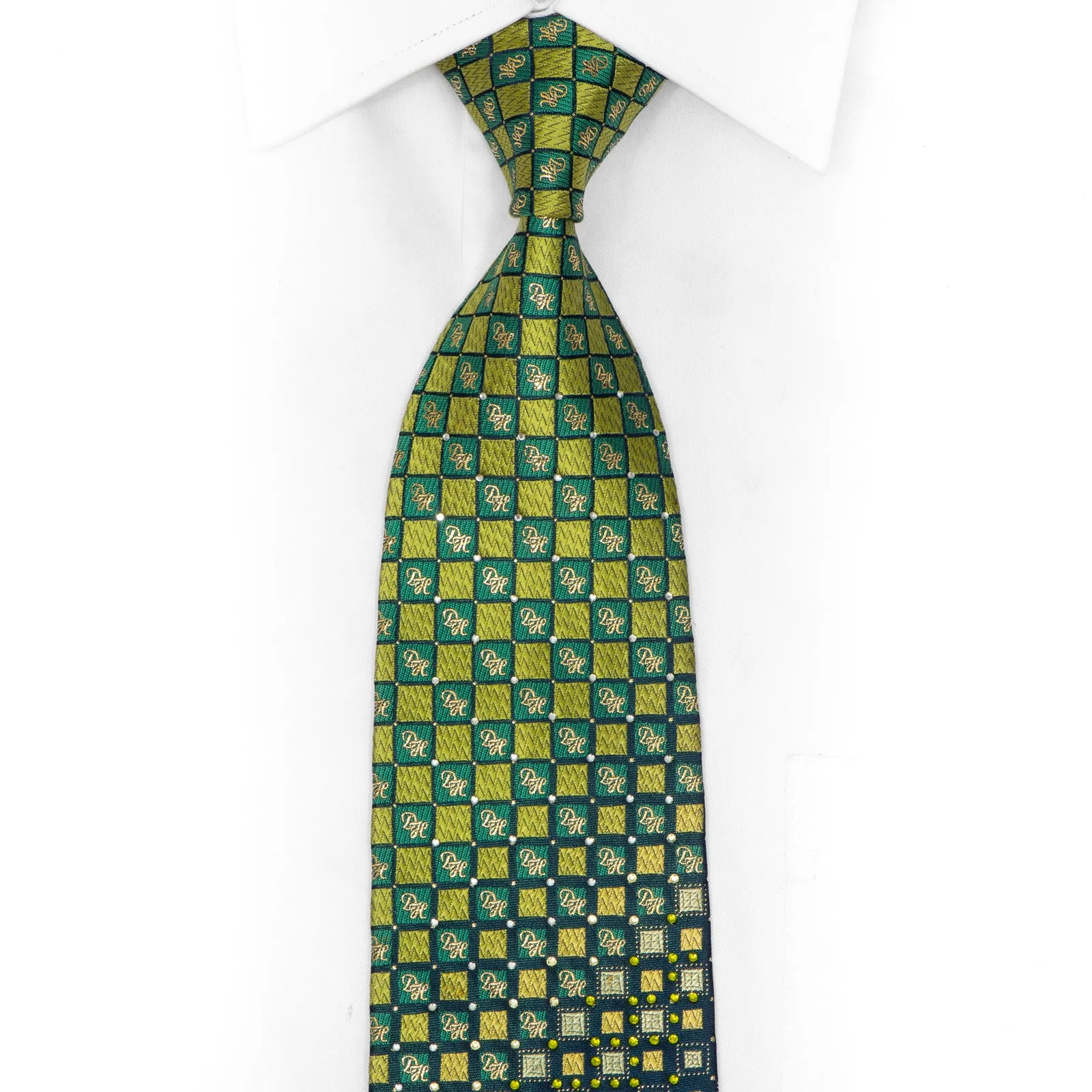 Green Teal Checkered Rhinestone Silk Necktie With Gold Sparkles