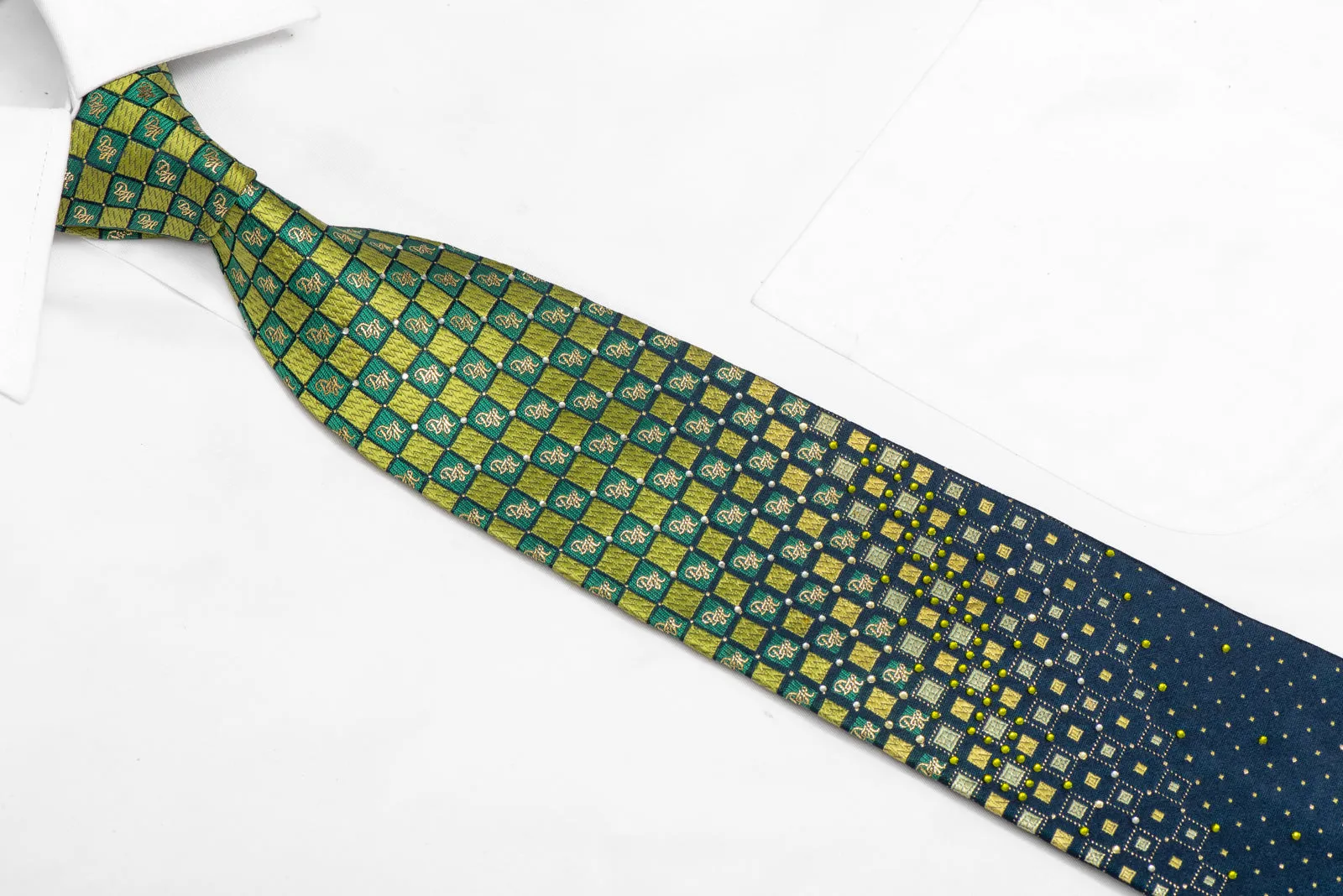 Green Teal Checkered Rhinestone Silk Necktie With Gold Sparkles