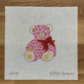 Herend Pink Bear Red Bow Needlepoint Canvas