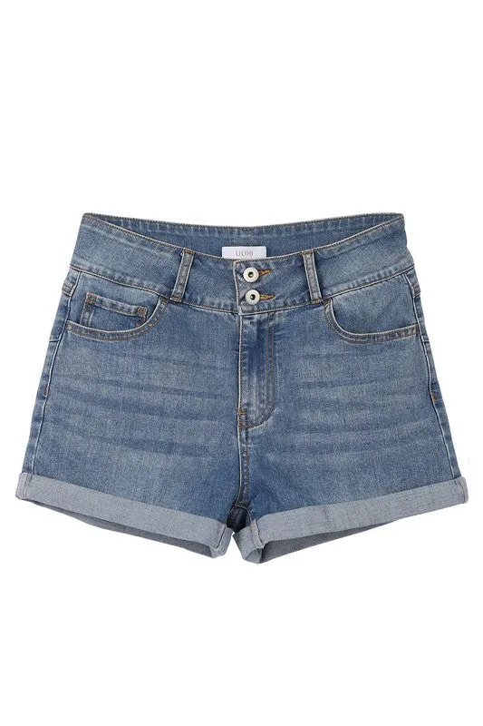 High Rise Blue Wash Curvy Bermuda Denim Shorts