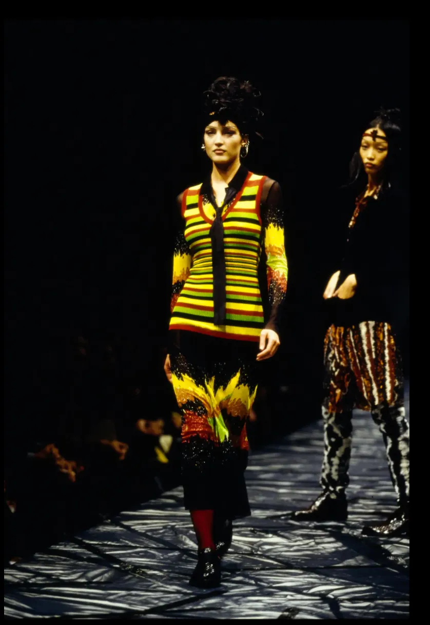 Jean Paul Gaultier Vintage SS 1997 Black Yellow Red Orange Green Patterned Striped Layered Mesh Skirt