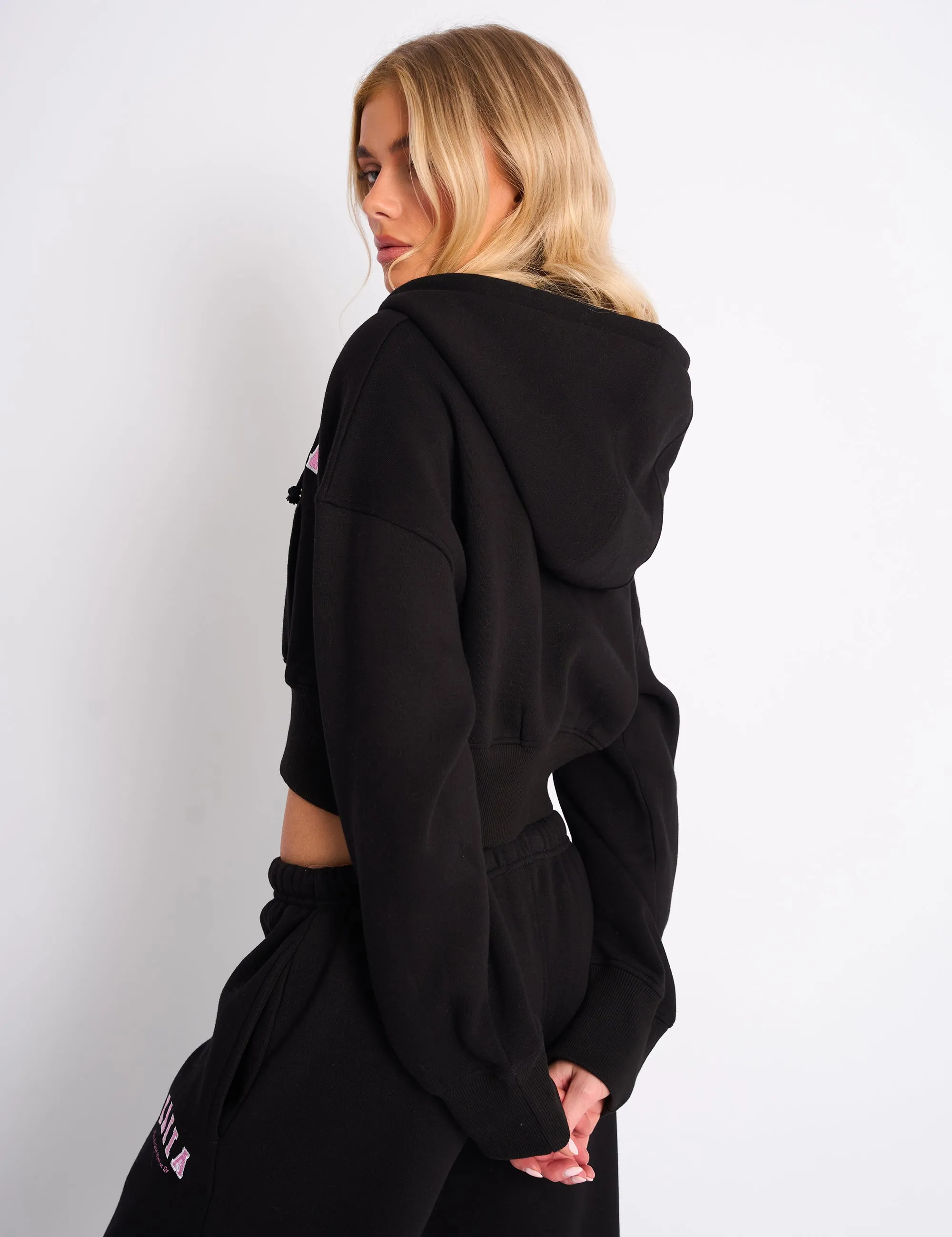 Kaiia Slogan Cropped Zip Up Hoodie Black & Pink