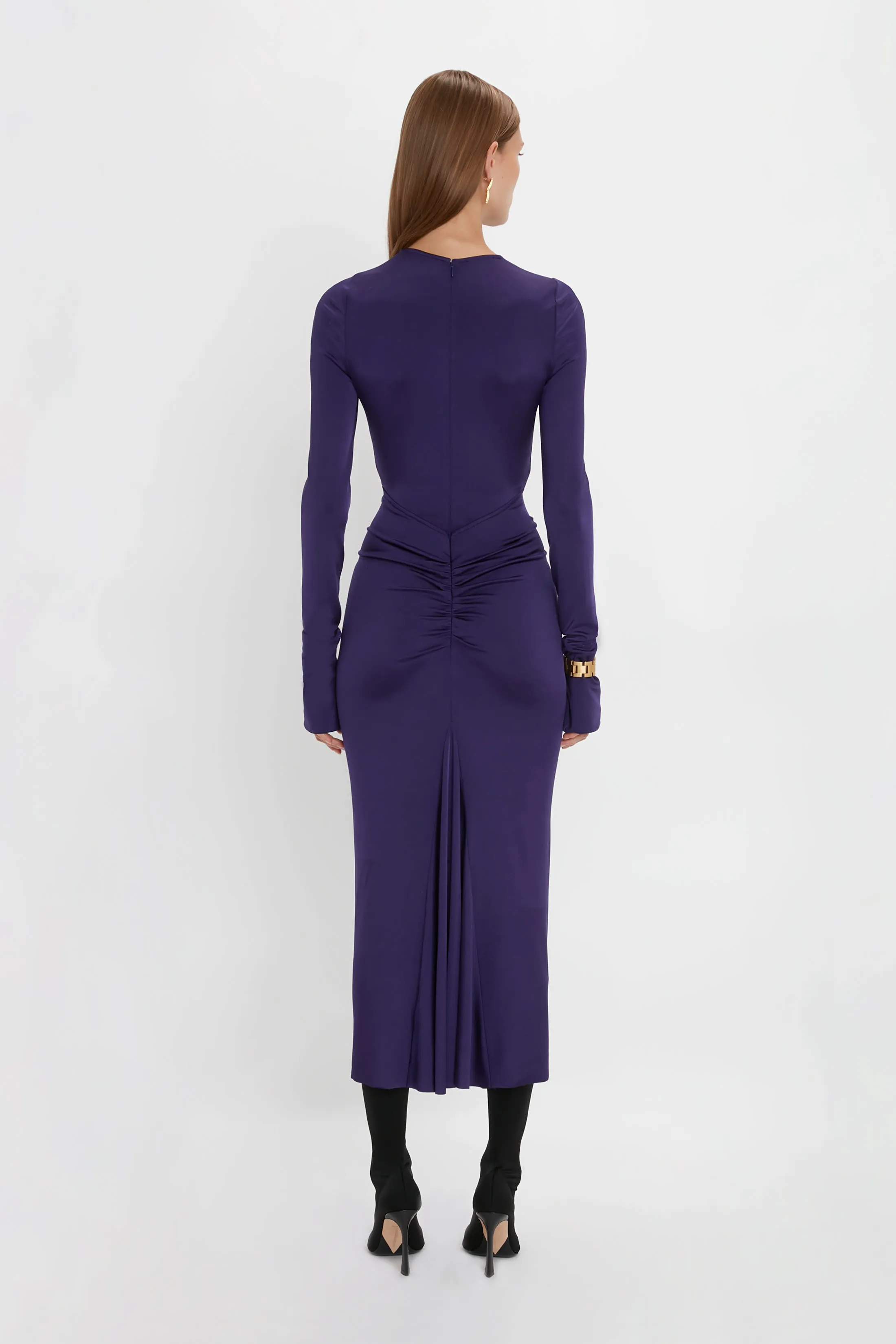 Long Sleeve Gathered Midi Dress In Ultraviolet