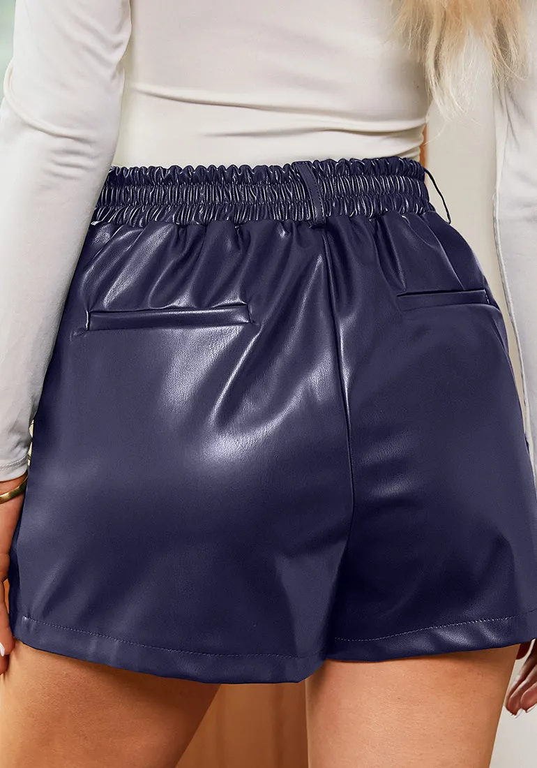 Medieval Blue Women's High Waisted PU Leather Shorts Stretch Pocket Pleat Shorts