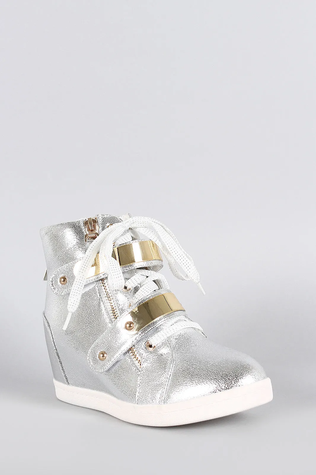 Metallic Zipper High Top Lace Up Wedge Sneaker