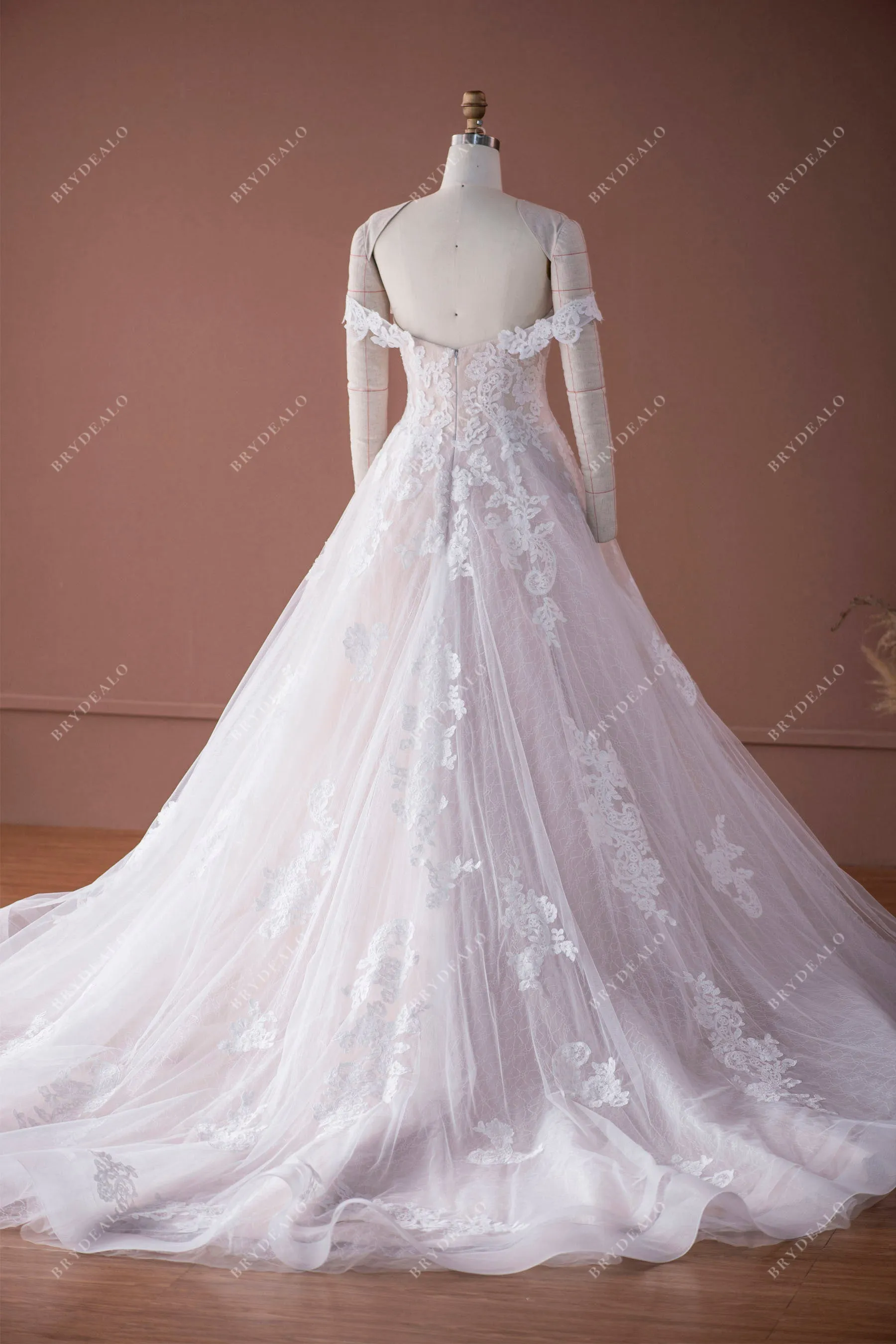 Off Shoulder Sweetheart Lace Horsehair Ballgown Nude Wedding Dress