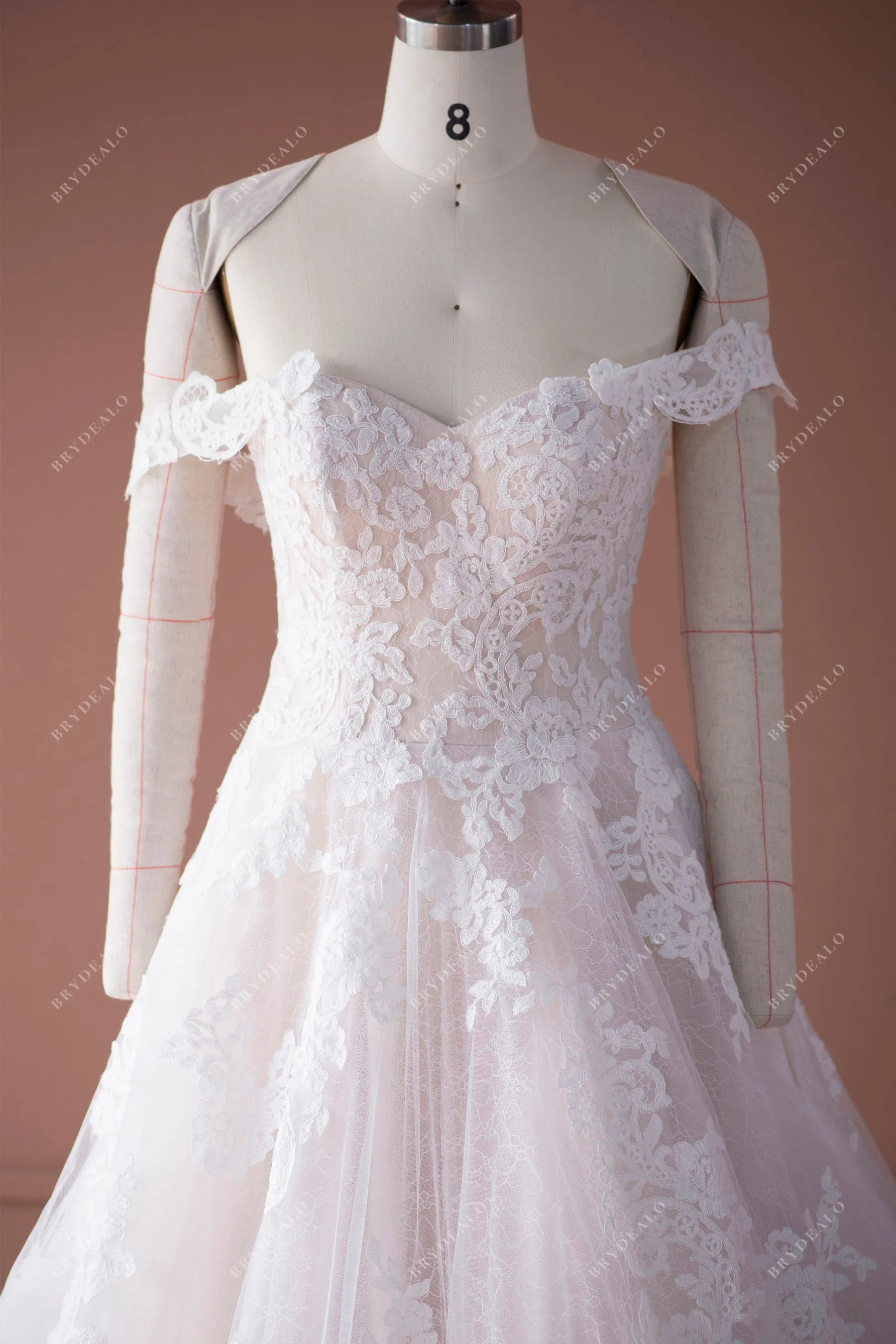 Off Shoulder Sweetheart Lace Horsehair Ballgown Nude Wedding Dress