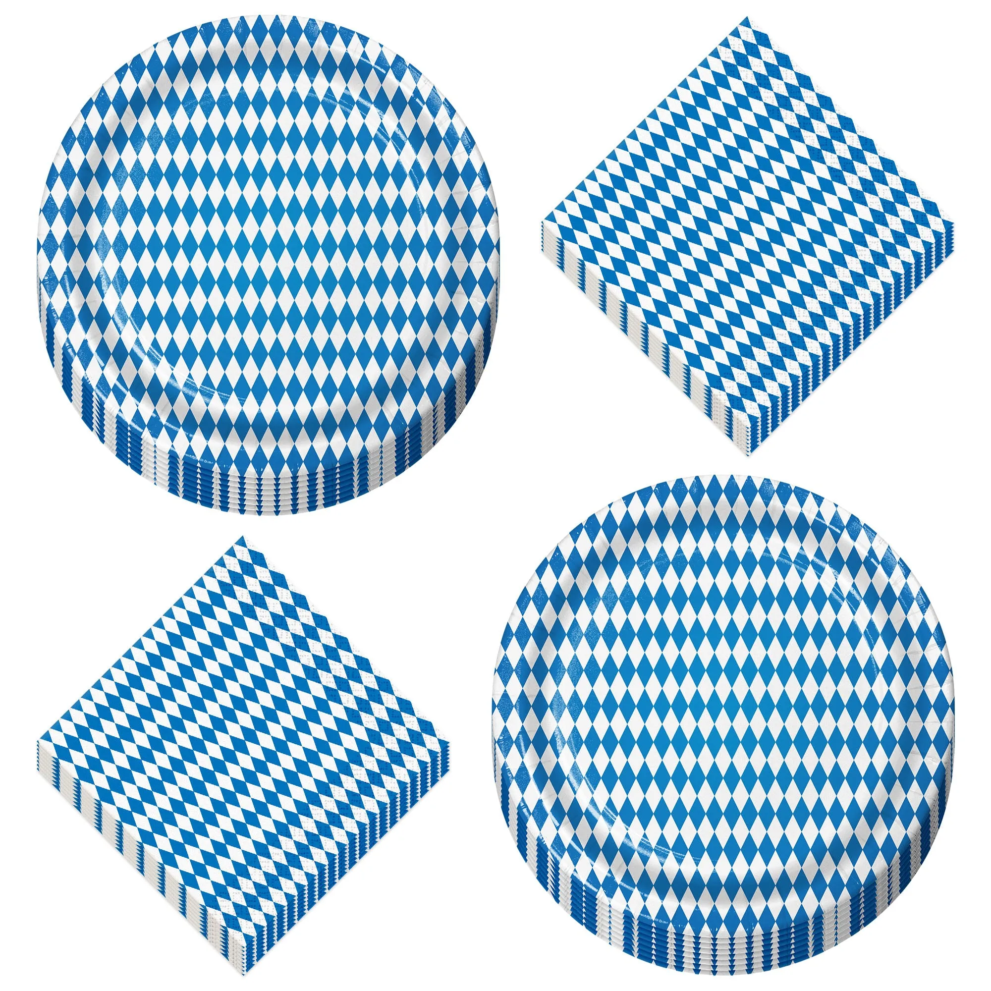 Oktoberfest Party Supplies - Blue and White Checkered Paper Dinner Plates and Lunch Napkins (16 Plates & Napkins)