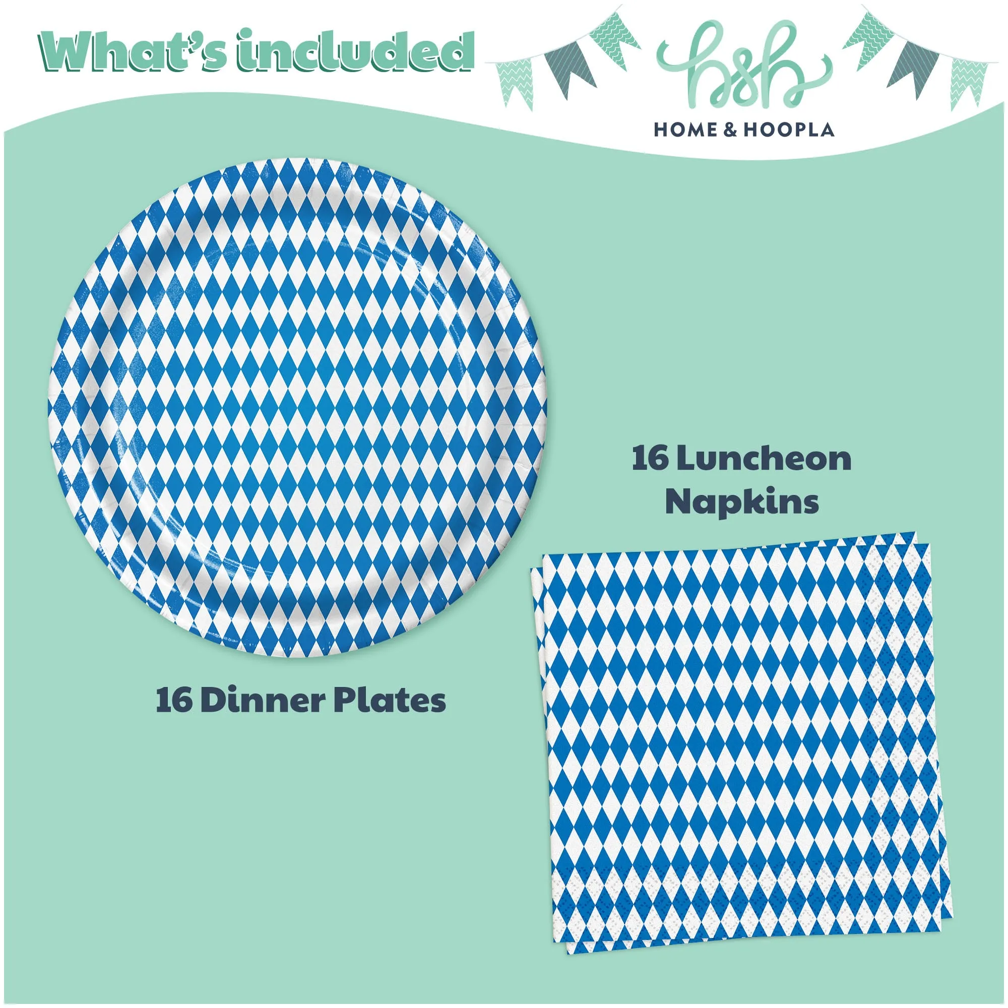 Oktoberfest Party Supplies - Blue and White Checkered Paper Dinner Plates and Lunch Napkins (16 Plates & Napkins)