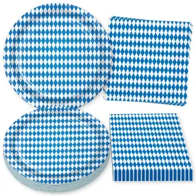 Oktoberfest Party Supplies - Blue and White Checkered Paper Dinner Plates and Lunch Napkins (16 Plates & Napkins)