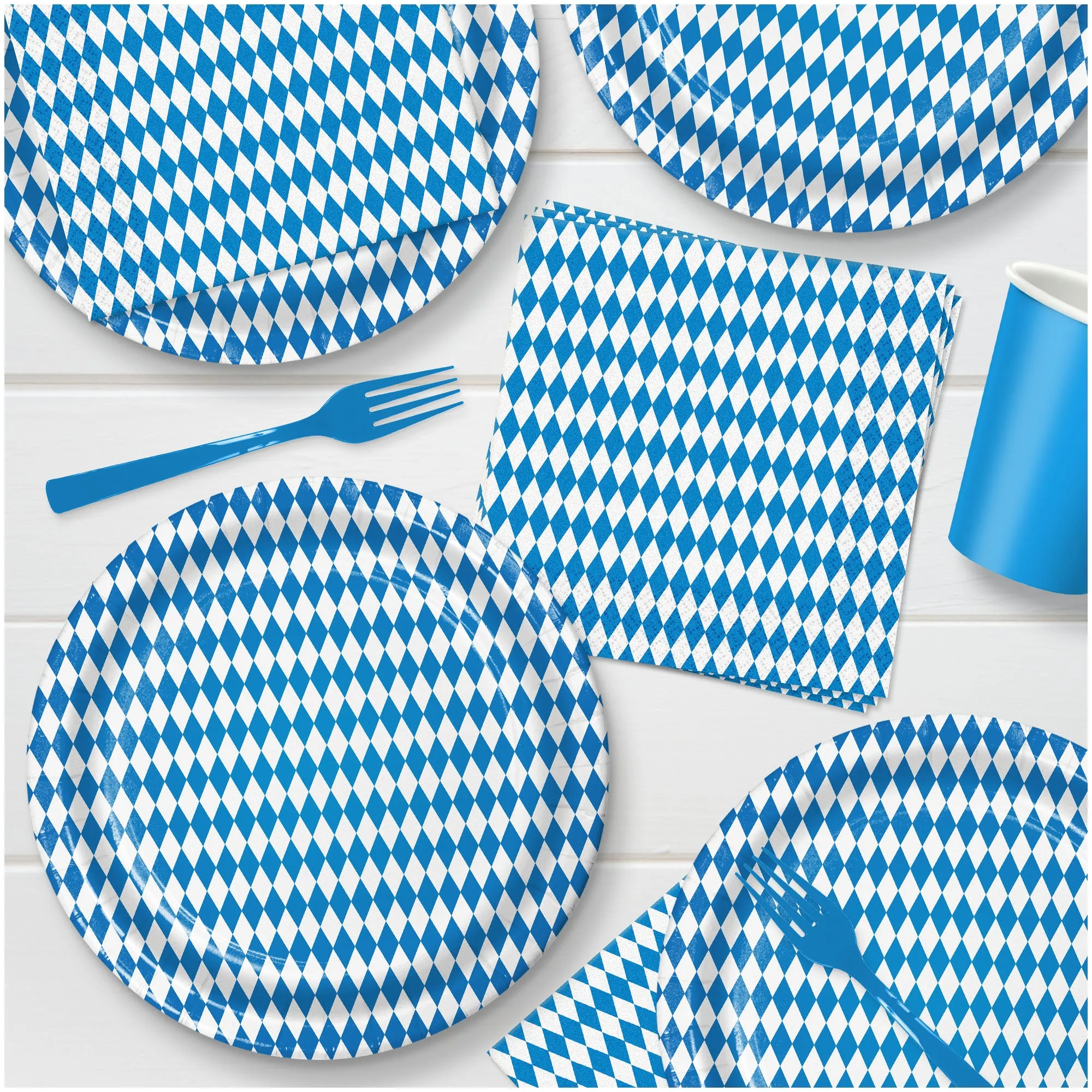 Oktoberfest Party Supplies - Blue and White Checkered Paper Dinner Plates and Lunch Napkins (16 Plates & Napkins)