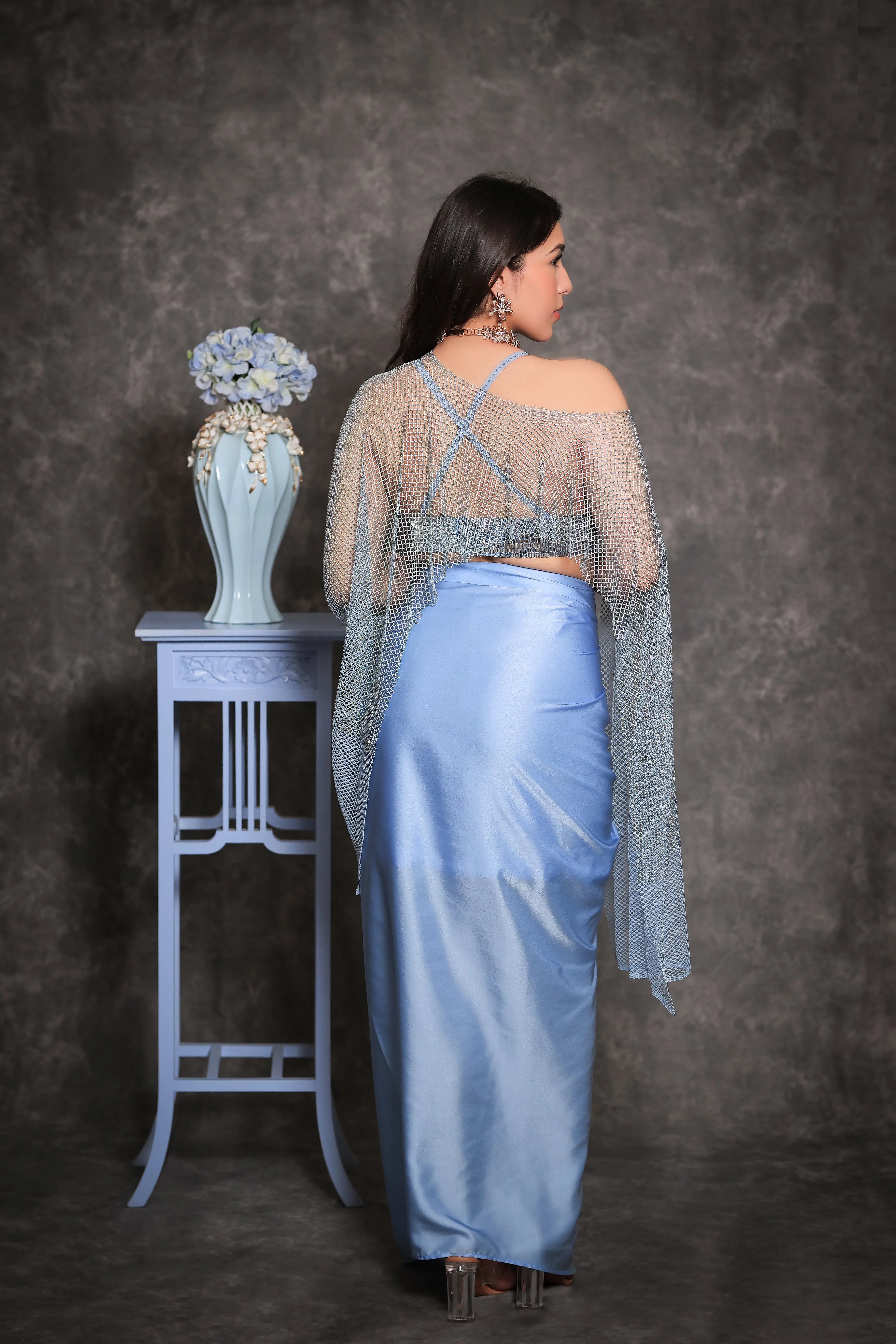 Pale Blue Crystal Dhoti Set