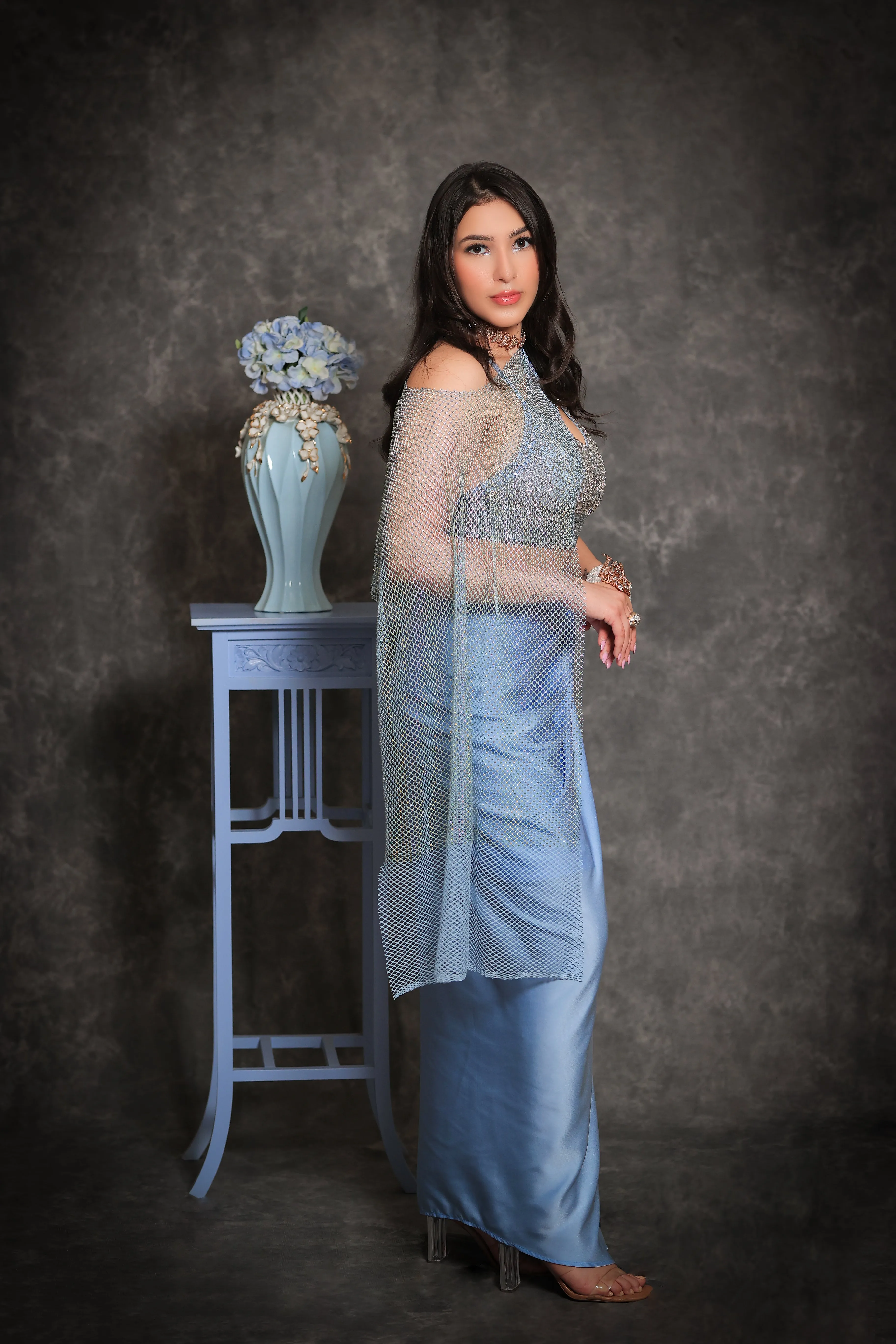 Pale Blue Crystal Dhoti Set