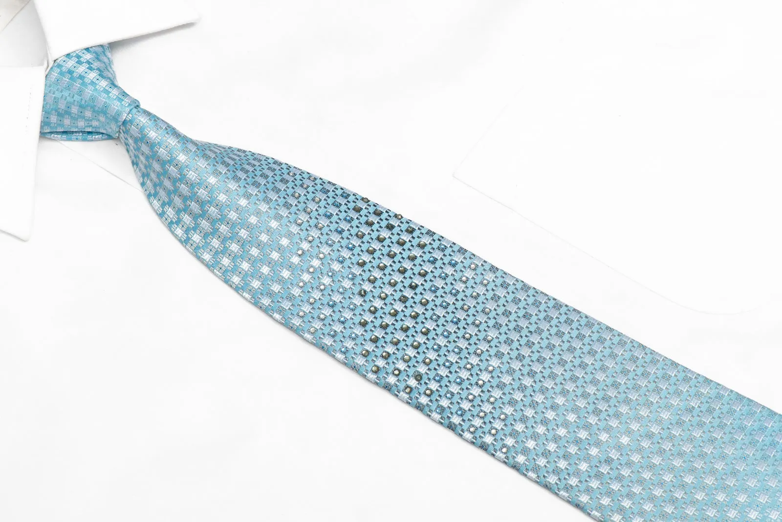 Pale Blue Silver Checkered Rhinestone Silk Necktie With Blue Sparkles