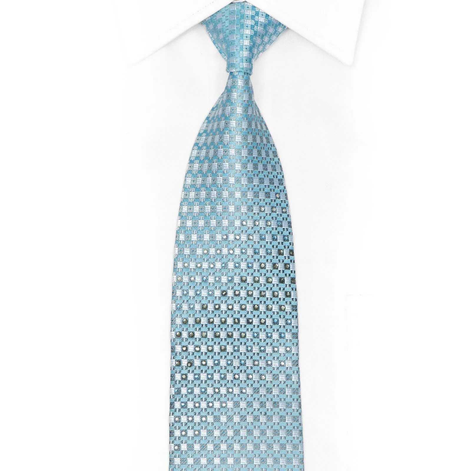 Pale Blue Silver Checkered Rhinestone Silk Necktie With Blue Sparkles