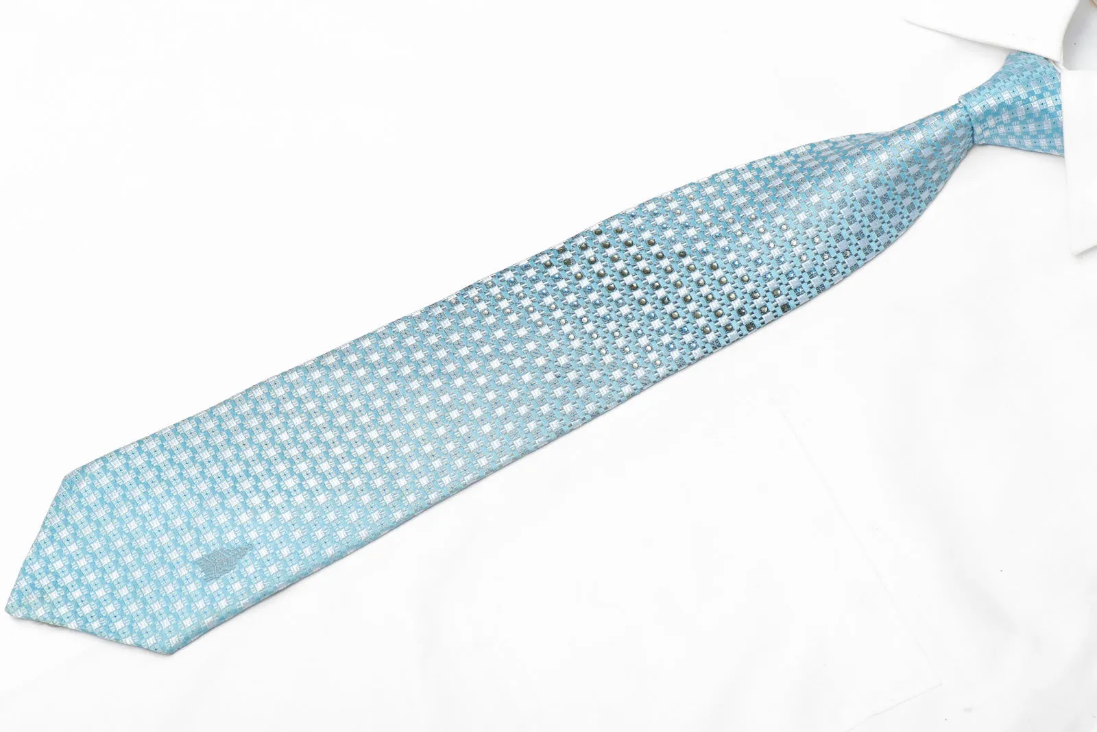 Pale Blue Silver Checkered Rhinestone Silk Necktie With Blue Sparkles