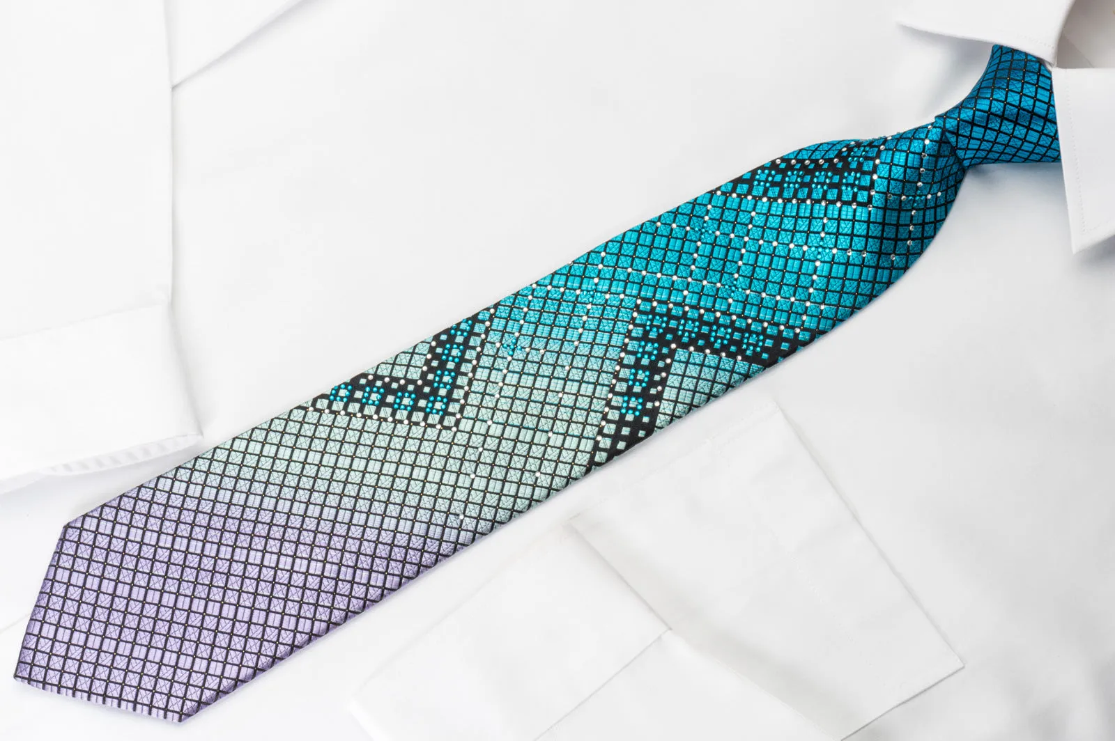 Perry Ellis Rhinestone Necktie Turquoise Geometric Checker On Black With Silver Sparkles