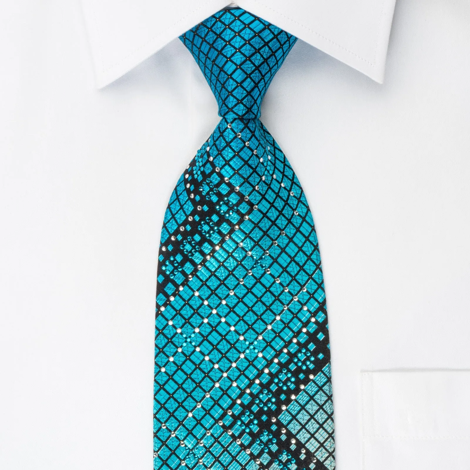 Perry Ellis Rhinestone Necktie Turquoise Geometric Checker On Black With Silver Sparkles