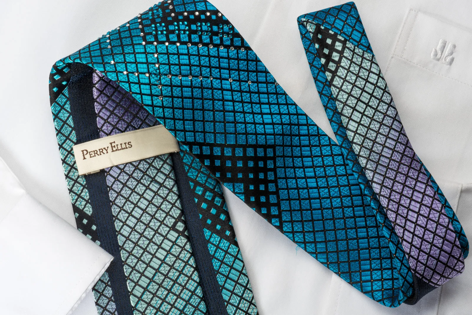 Perry Ellis Rhinestone Necktie Turquoise Geometric Checker On Black With Silver Sparkles