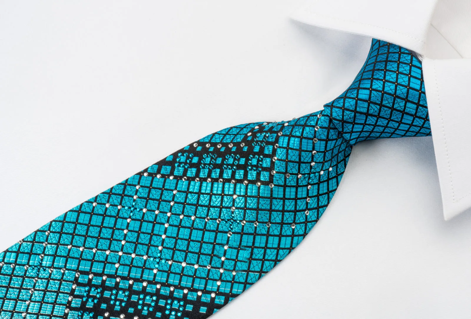 Perry Ellis Rhinestone Necktie Turquoise Geometric Checker On Black With Silver Sparkles