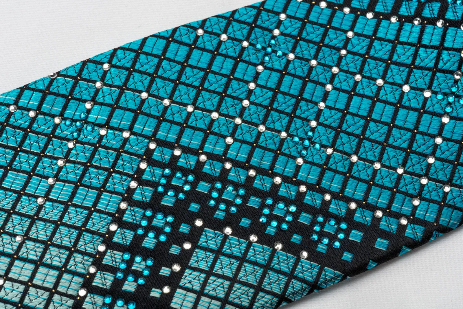 Perry Ellis Rhinestone Necktie Turquoise Geometric Checker On Black With Silver Sparkles