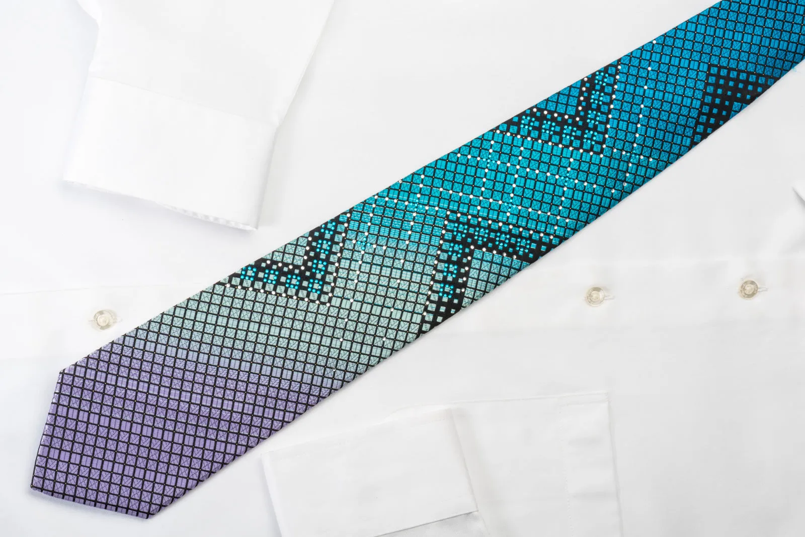 Perry Ellis Rhinestone Necktie Turquoise Geometric Checker On Black With Silver Sparkles