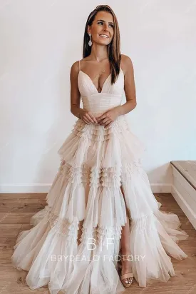 Plunging Spaghetti Straps Tiered Tulle Princess Slit Wedding Ball Gown