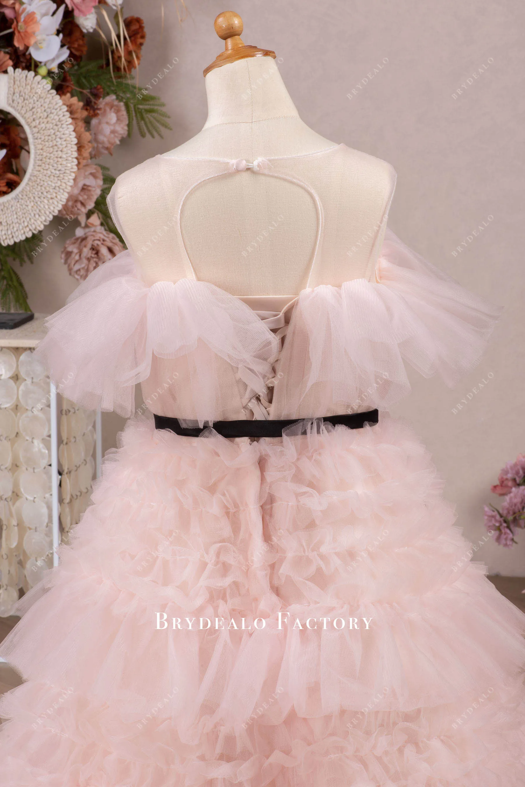 Pretty Blushing Pink Tulle Tiered Floor Length Flower Girl Dress