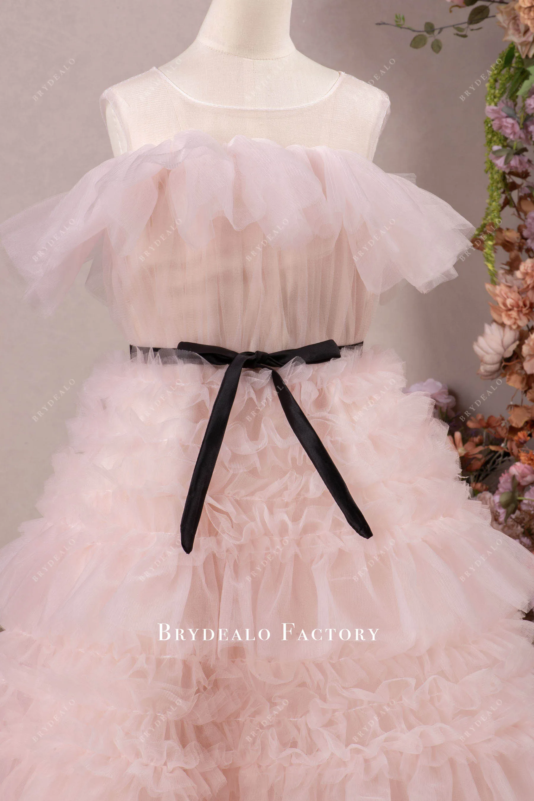 Pretty Blushing Pink Tulle Tiered Floor Length Flower Girl Dress