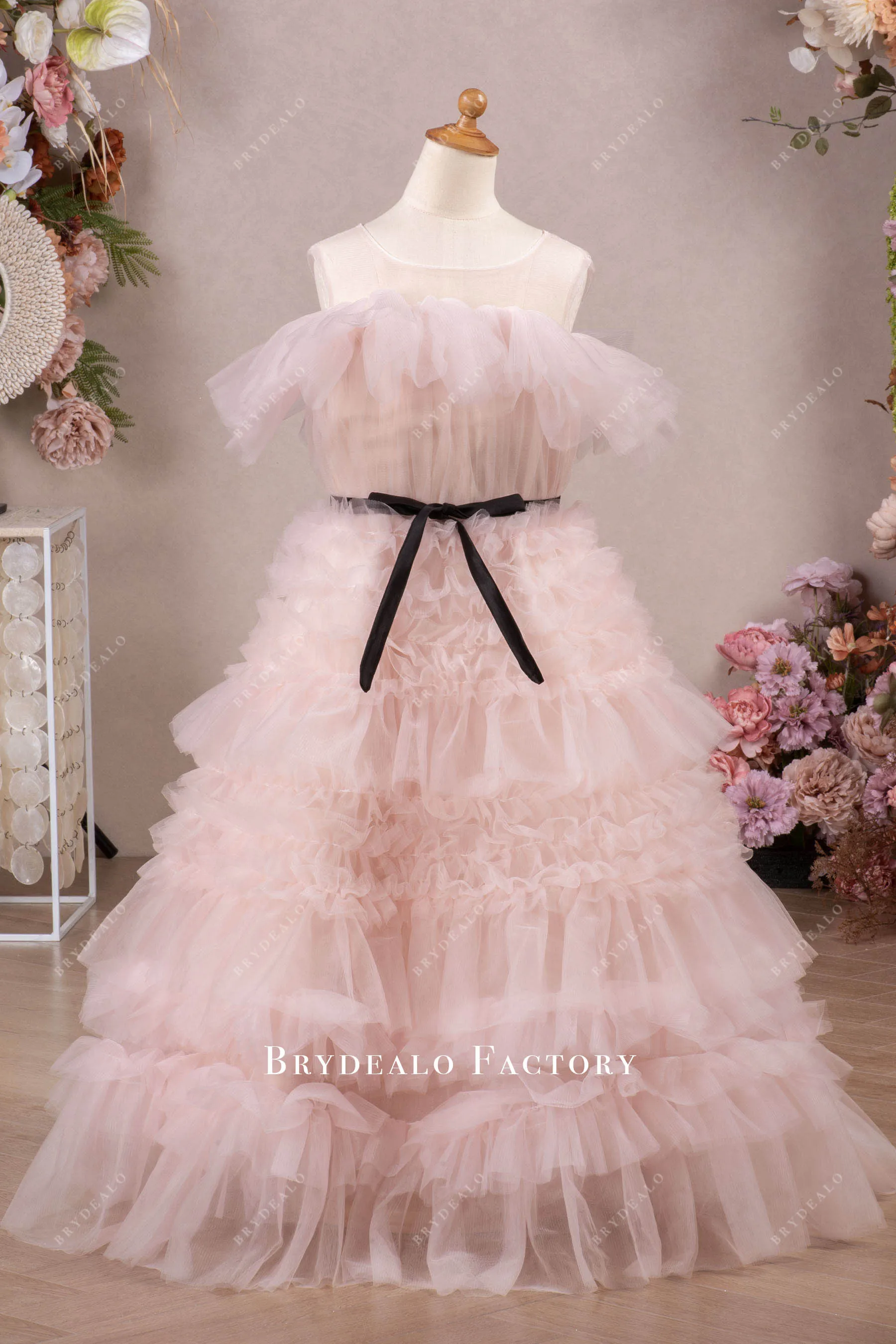 Pretty Blushing Pink Tulle Tiered Floor Length Flower Girl Dress