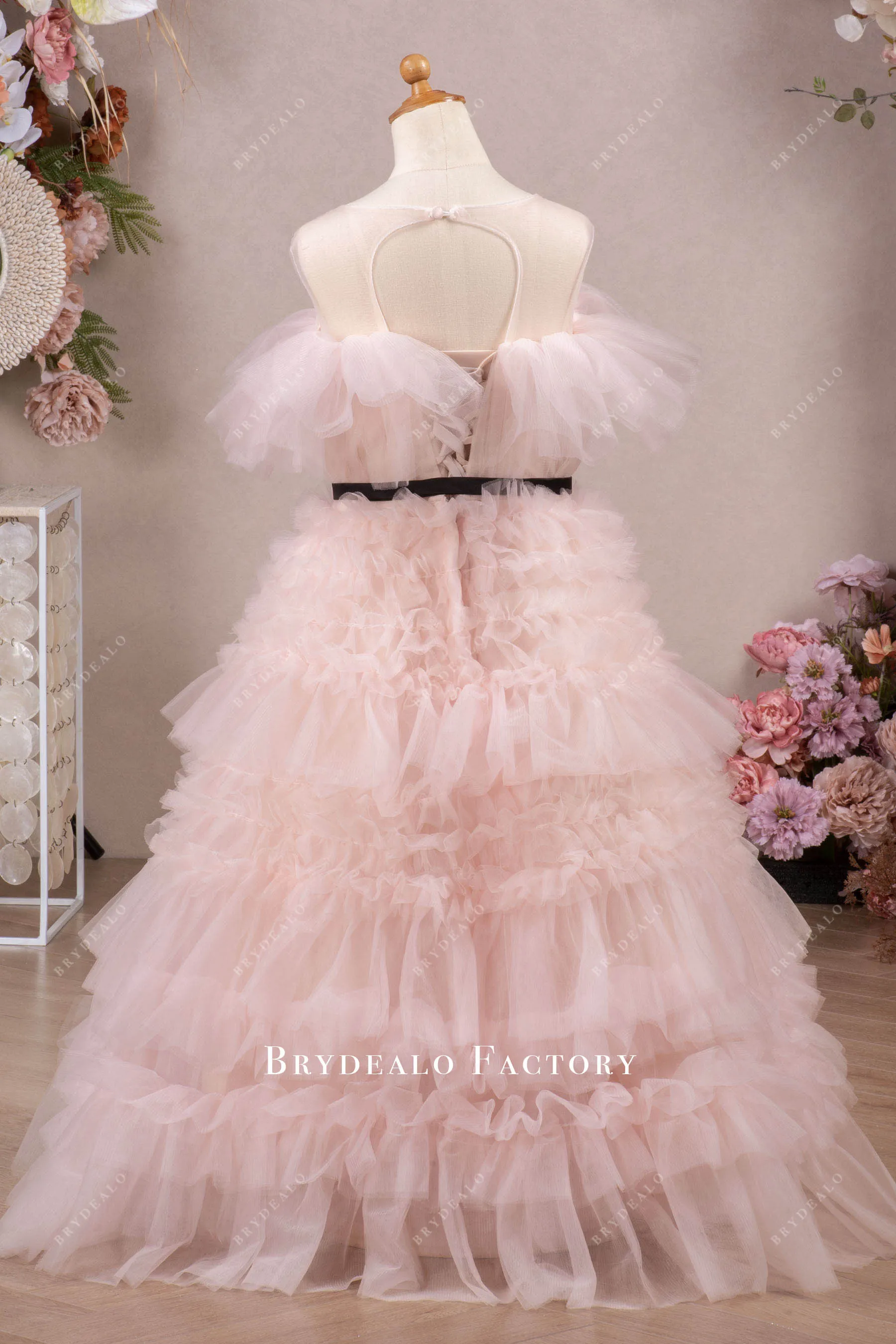 Pretty Blushing Pink Tulle Tiered Floor Length Flower Girl Dress