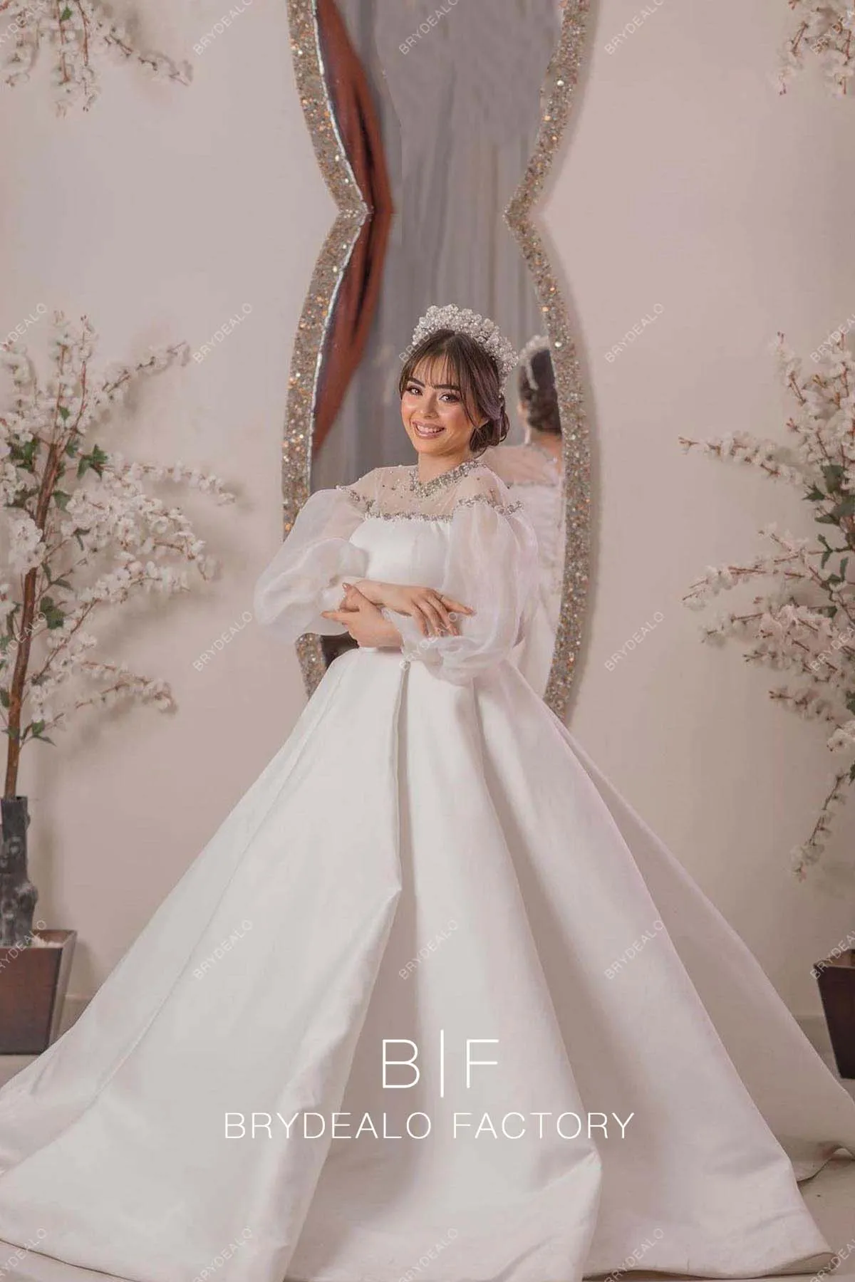 Princess Plus Size Bishop Sleeve Beaded Pretty Mikado Wedding Ball Gown