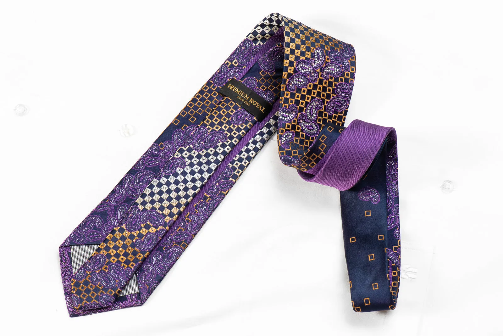 Purple Paisley Orange Checkered On Navy Rhinestone Tie With Sparkles