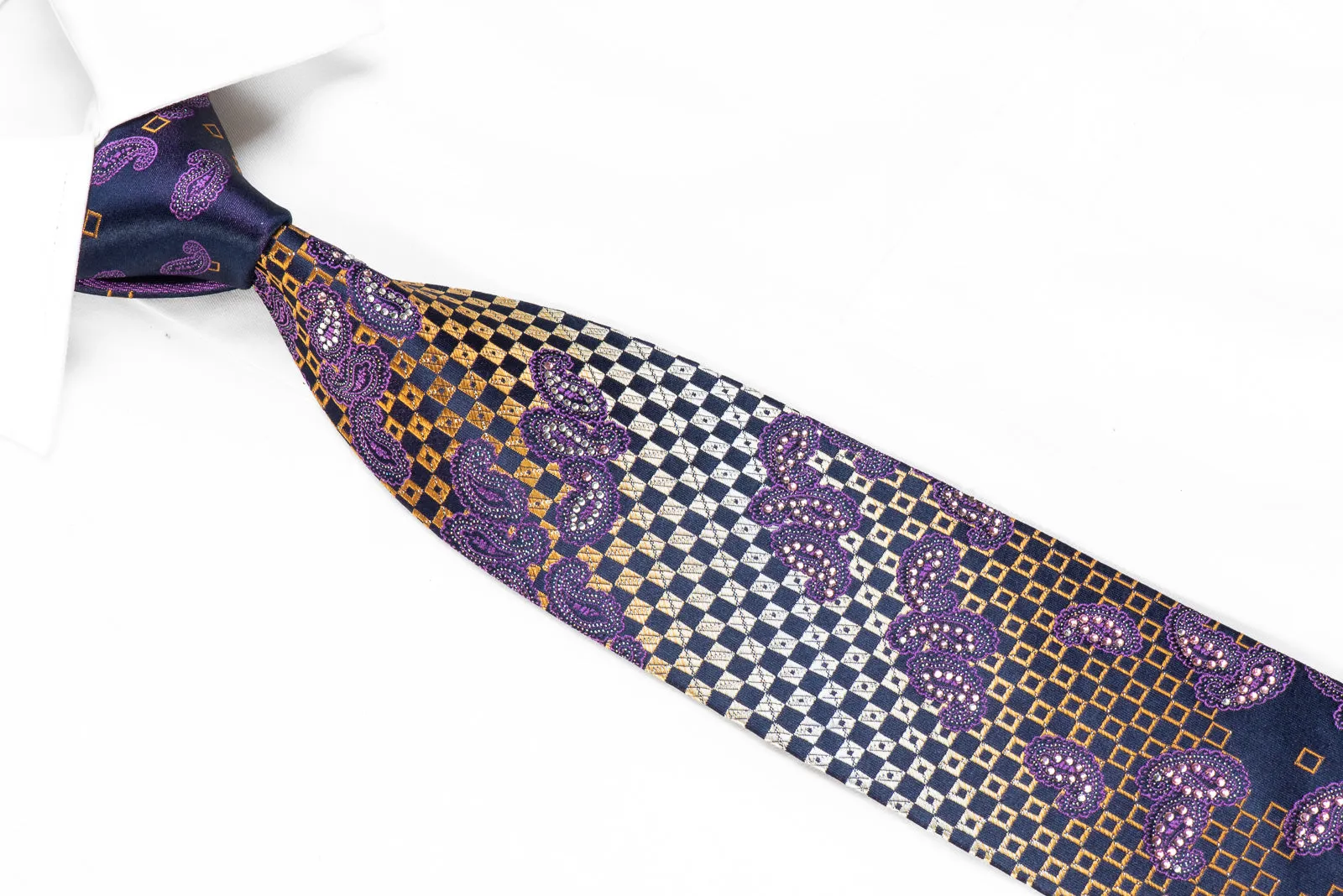 Purple Paisley Orange Checkered On Navy Rhinestone Tie With Sparkles