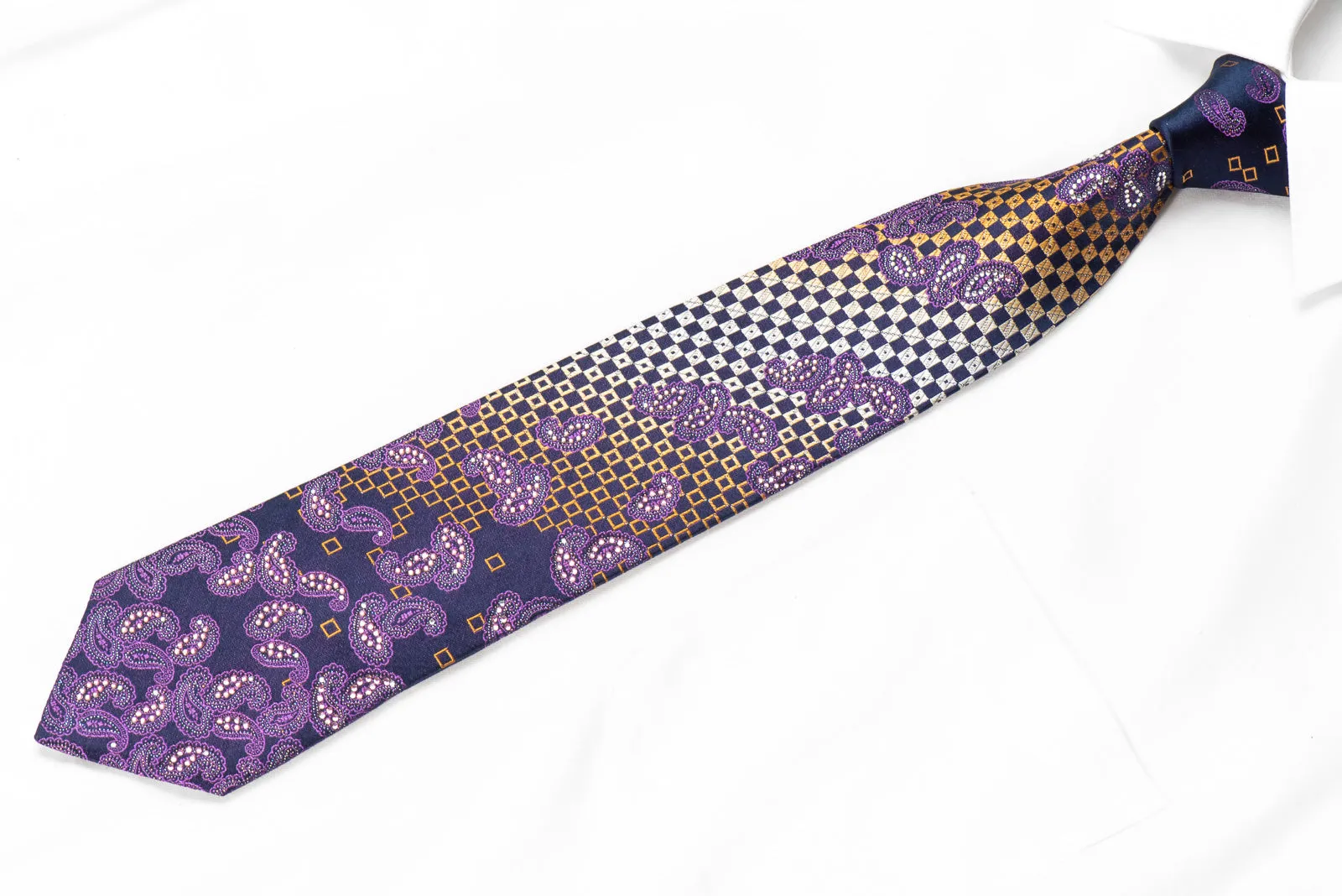 Purple Paisley Orange Checkered On Navy Rhinestone Tie With Sparkles