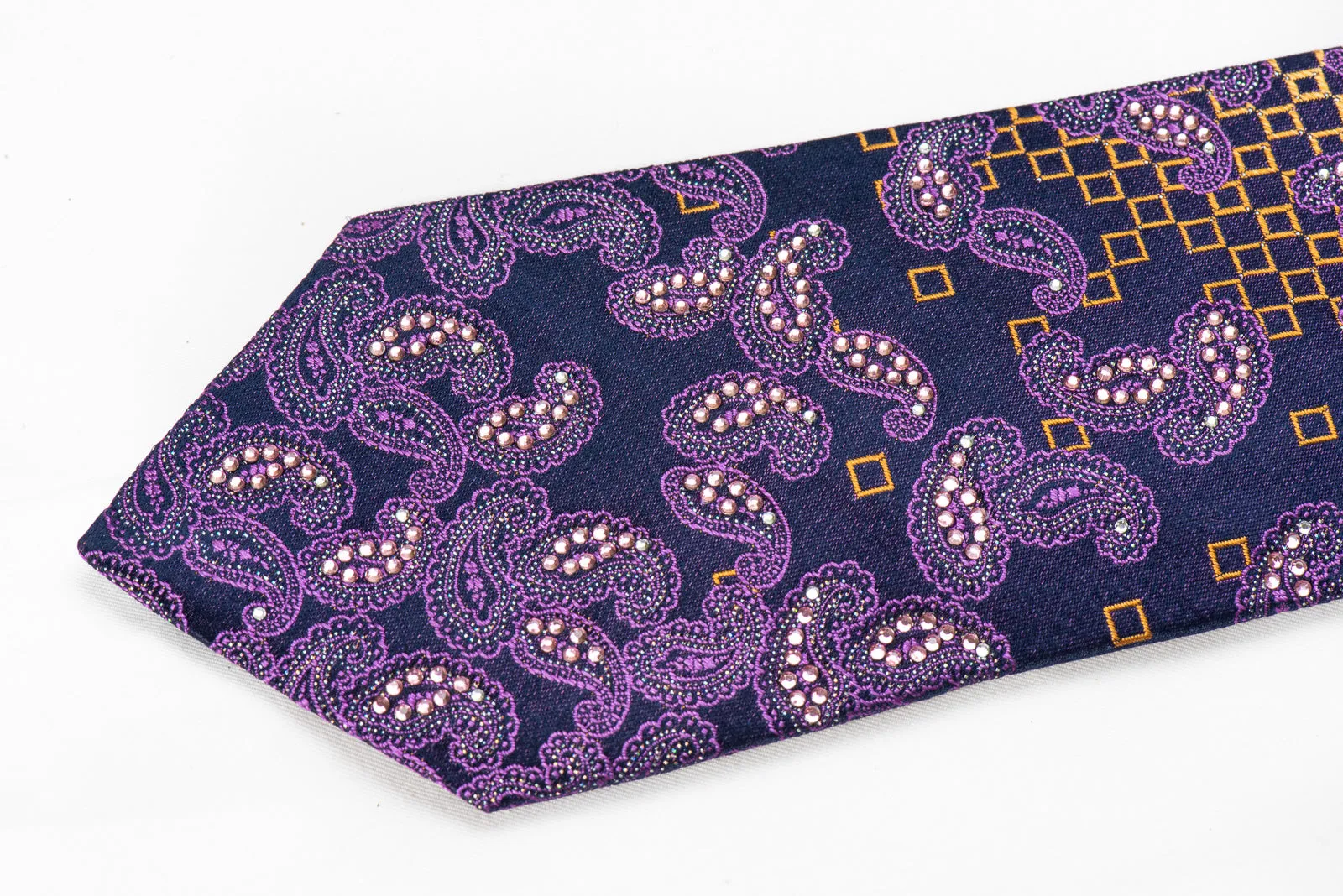 Purple Paisley Orange Checkered On Navy Rhinestone Tie With Sparkles