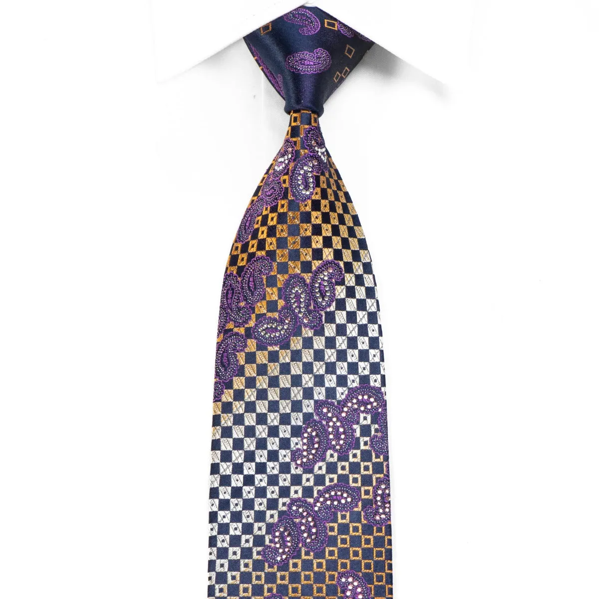 Purple Paisley Orange Checkered On Navy Rhinestone Tie With Sparkles