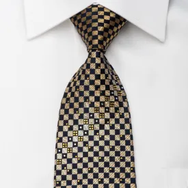 Renoma Rhinestone Necktie Gold Navy Checkered With Silver Sparkles