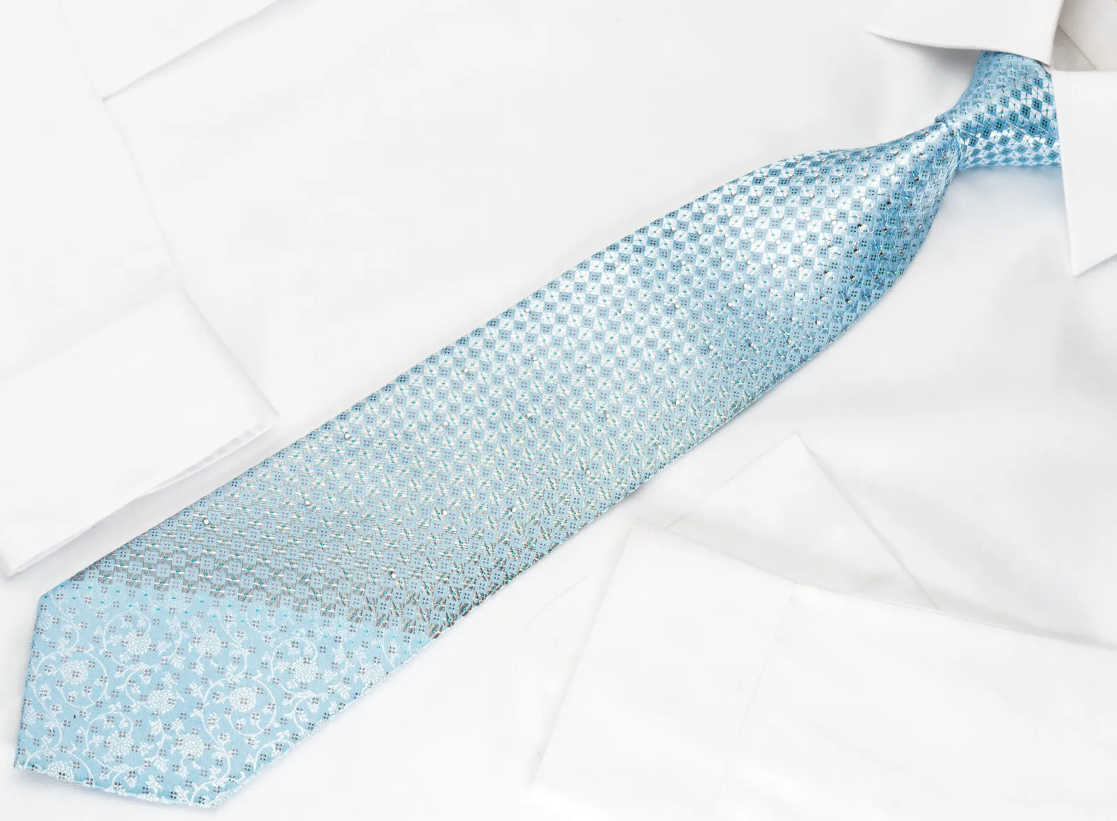 Renoma Rhinestone Silk Necktie Silver Checker On Blue With Silver Sparkles