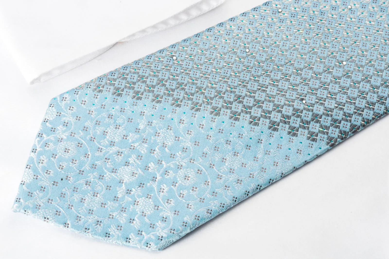 Renoma Rhinestone Silk Necktie Silver Checker On Blue With Silver Sparkles