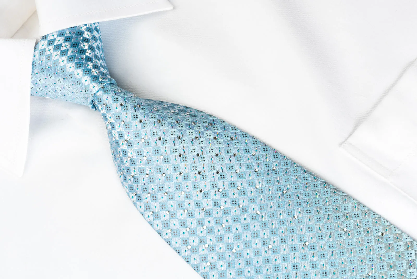 Renoma Rhinestone Silk Necktie Silver Checker On Blue With Silver Sparkles