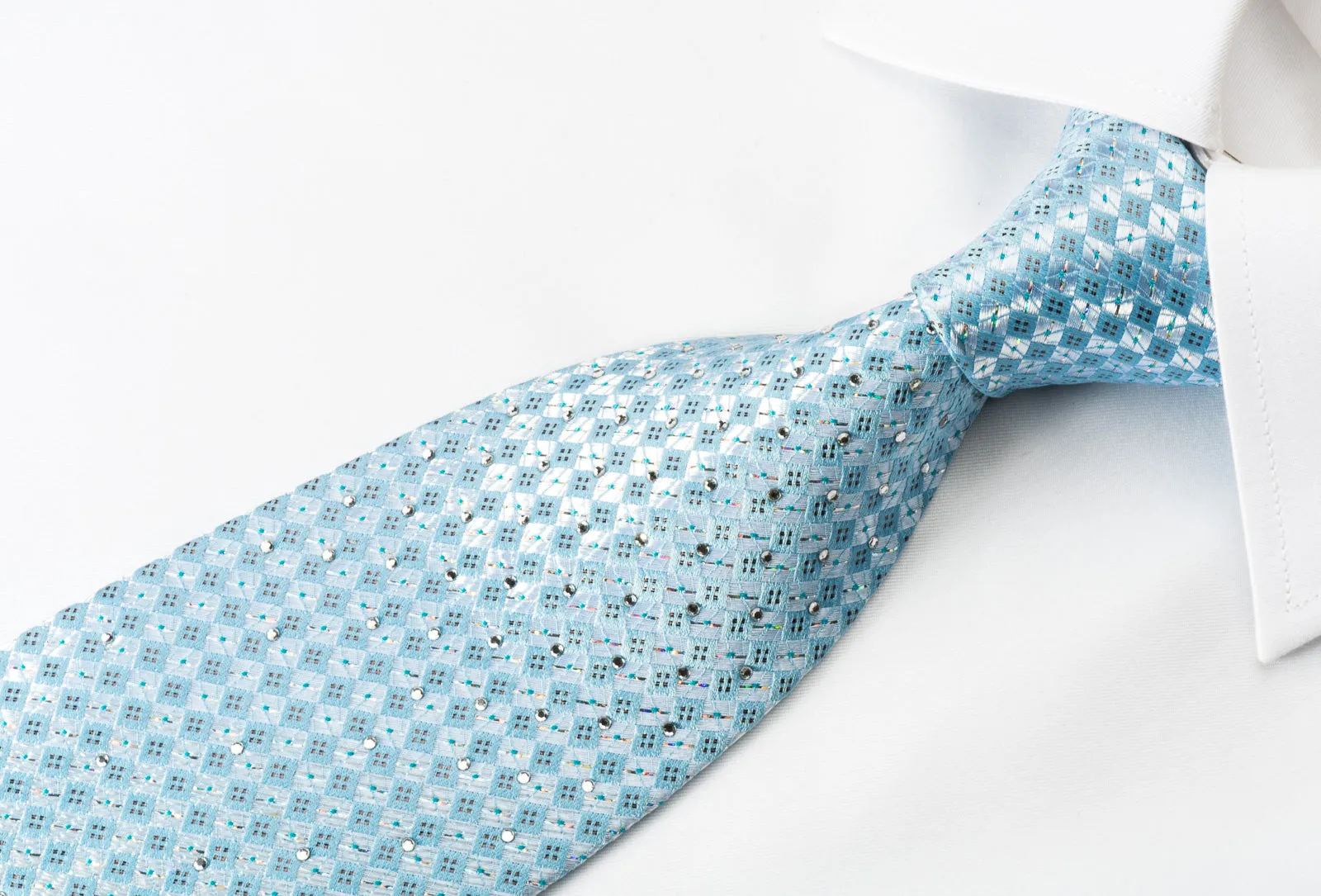 Renoma Rhinestone Silk Necktie Silver Checker On Blue With Silver Sparkles