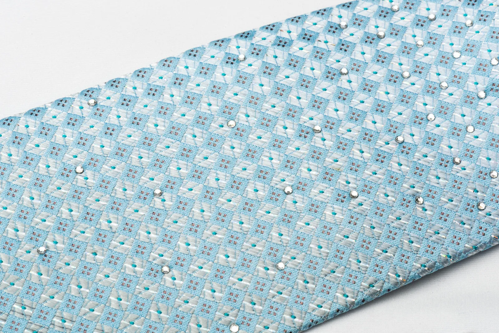 Renoma Rhinestone Silk Necktie Silver Checker On Blue With Silver Sparkles