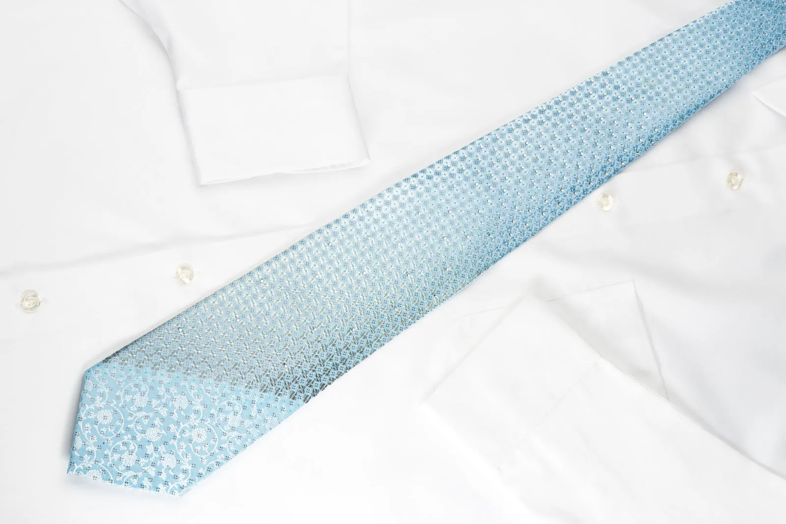 Renoma Rhinestone Silk Necktie Silver Checker On Blue With Silver Sparkles