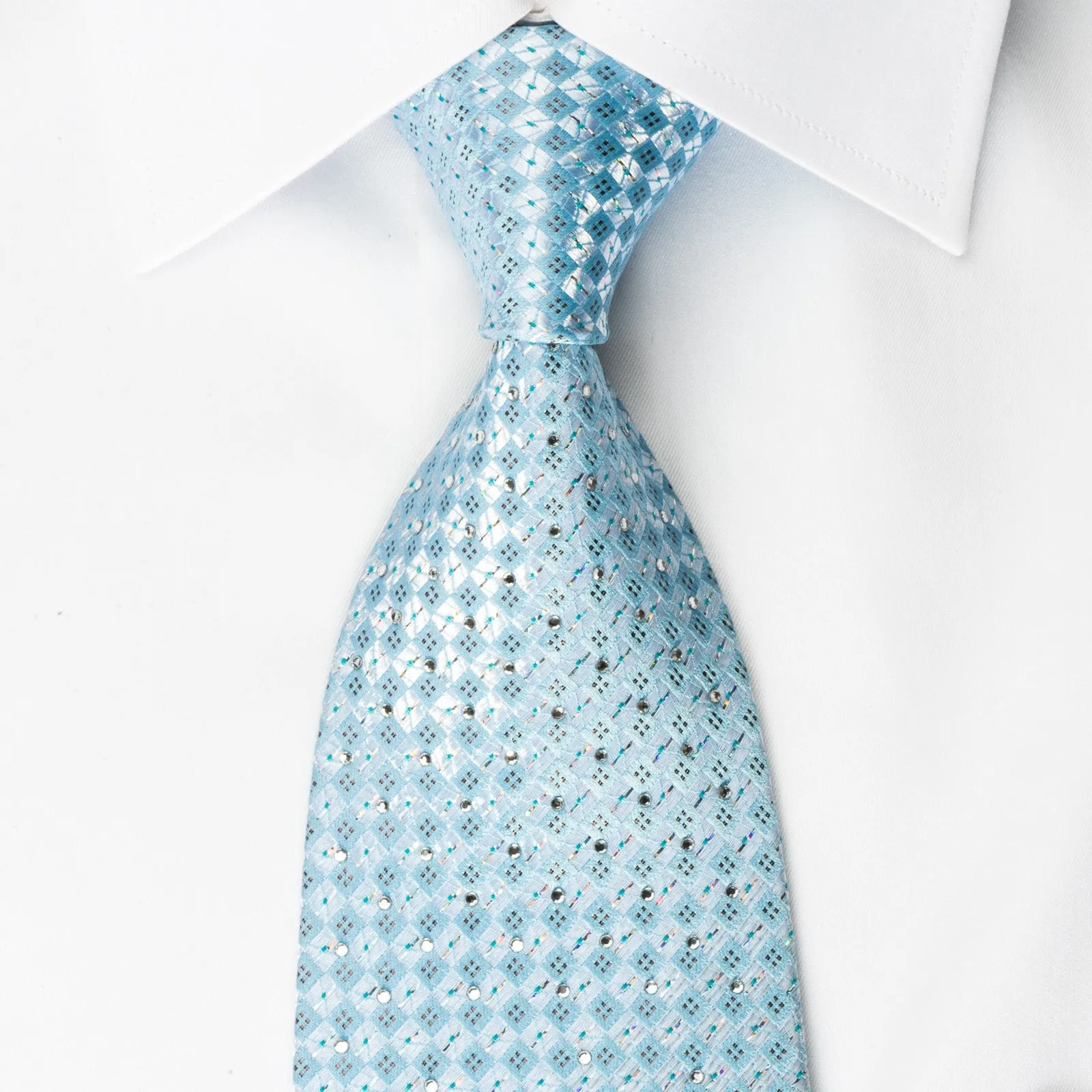 Renoma Rhinestone Silk Necktie Silver Checker On Blue With Silver Sparkles